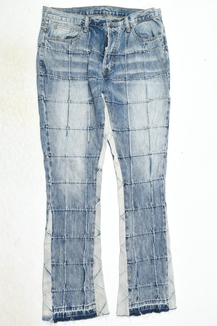 MNML Panel Flare Stacked Jeans Mens 34x35 Light Wash Patchwork Distressed